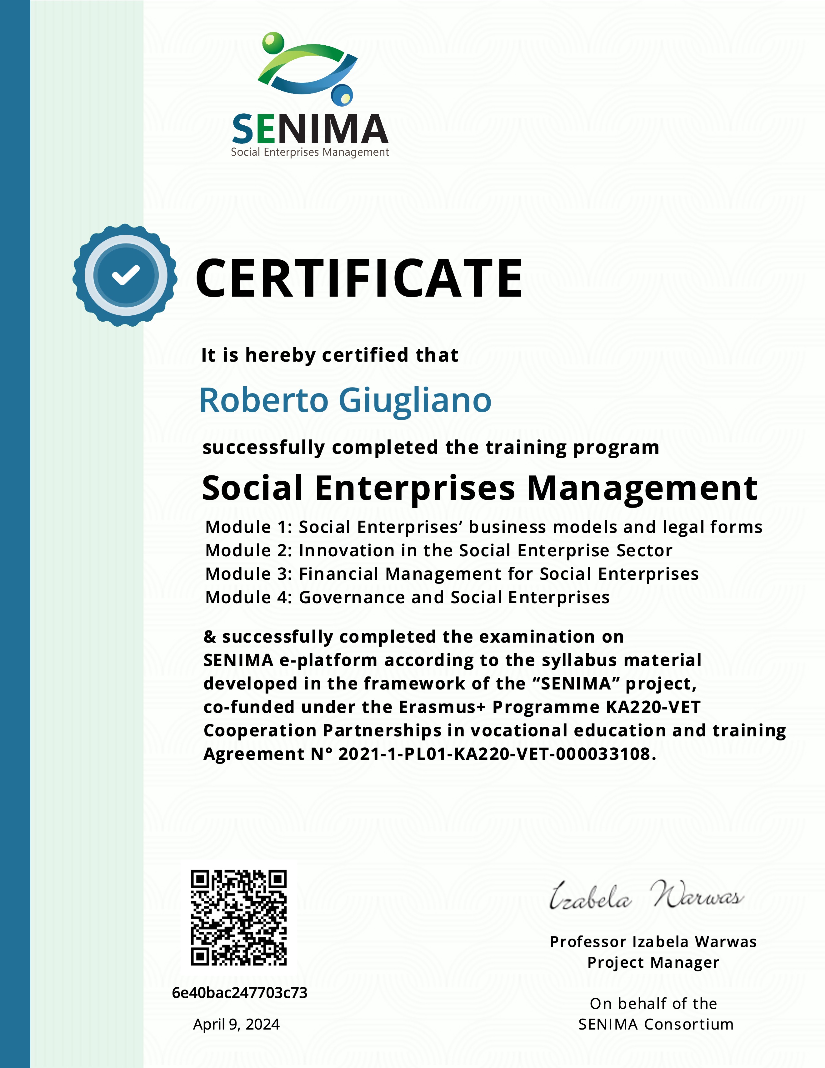 Certificato SENIMA